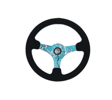 Picture of NRG Reinforced Suede Steering Wheel (350mm / 3in. Deep) Hydro Dipped Blossom Floral w/ Teal Stitch