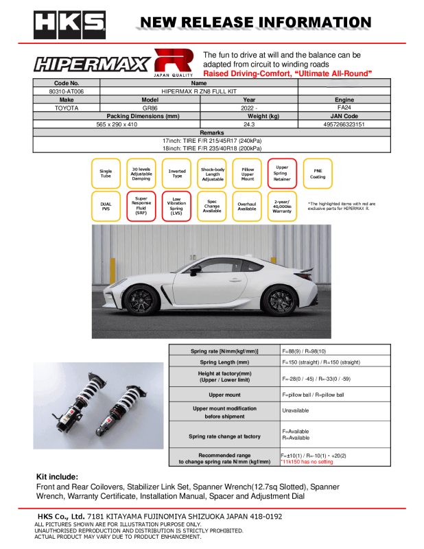 Picture of HKS Hipermax R Coilovers - 80310-AT006