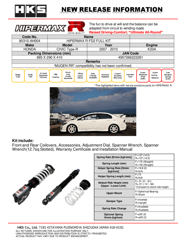 Picture of HKS Hipermax R Coilovers - 80310-AH004
